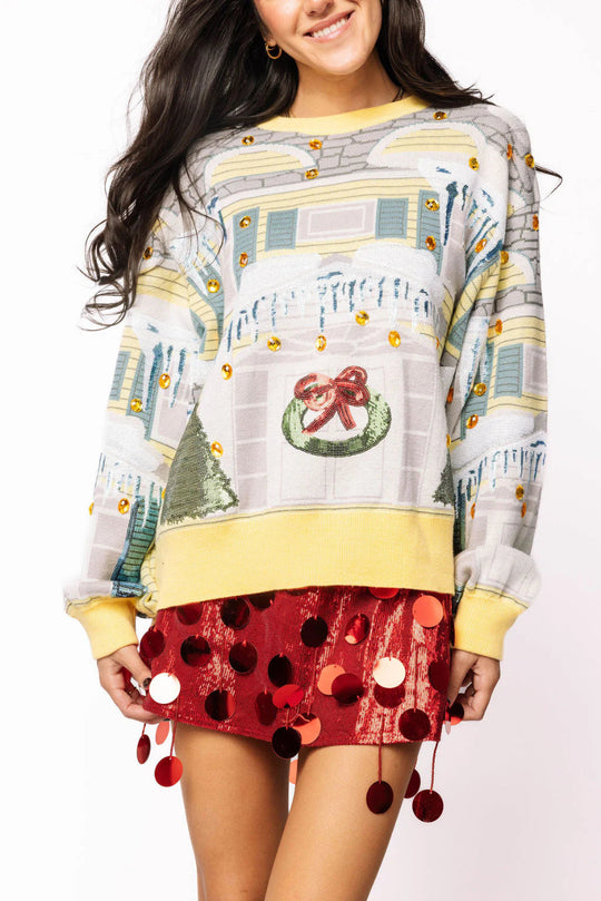 Queen of Sparkles Yellow Trim Griswold House With Wreath On Door Sweater