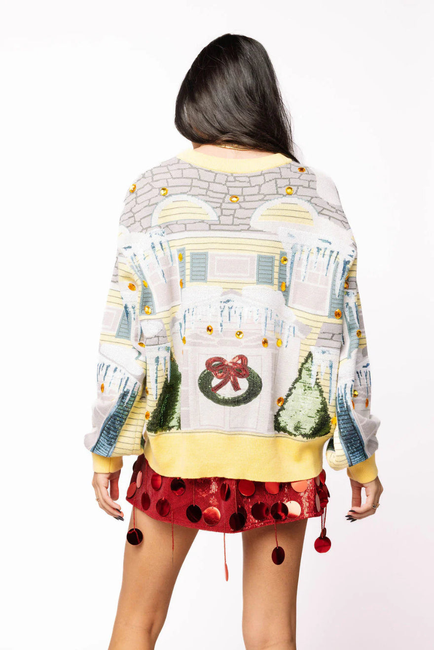 Queen of Sparkles Yellow Trim Griswold House With Wreath On Door Sweater