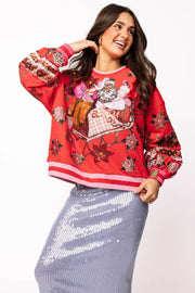 Queen of Sparkles Red & Pink Vintage Poinsettia Santa Sweatshirt