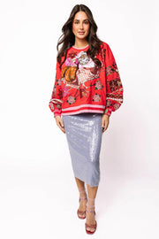 Queen of Sparkles Red & Pink Vintage Poinsettia Santa Sweatshirt