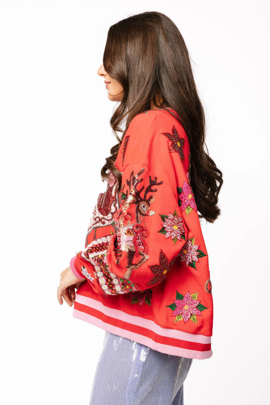 Queen of Sparkles Red & Pink Vintage Poinsettia Santa Sweatshirt