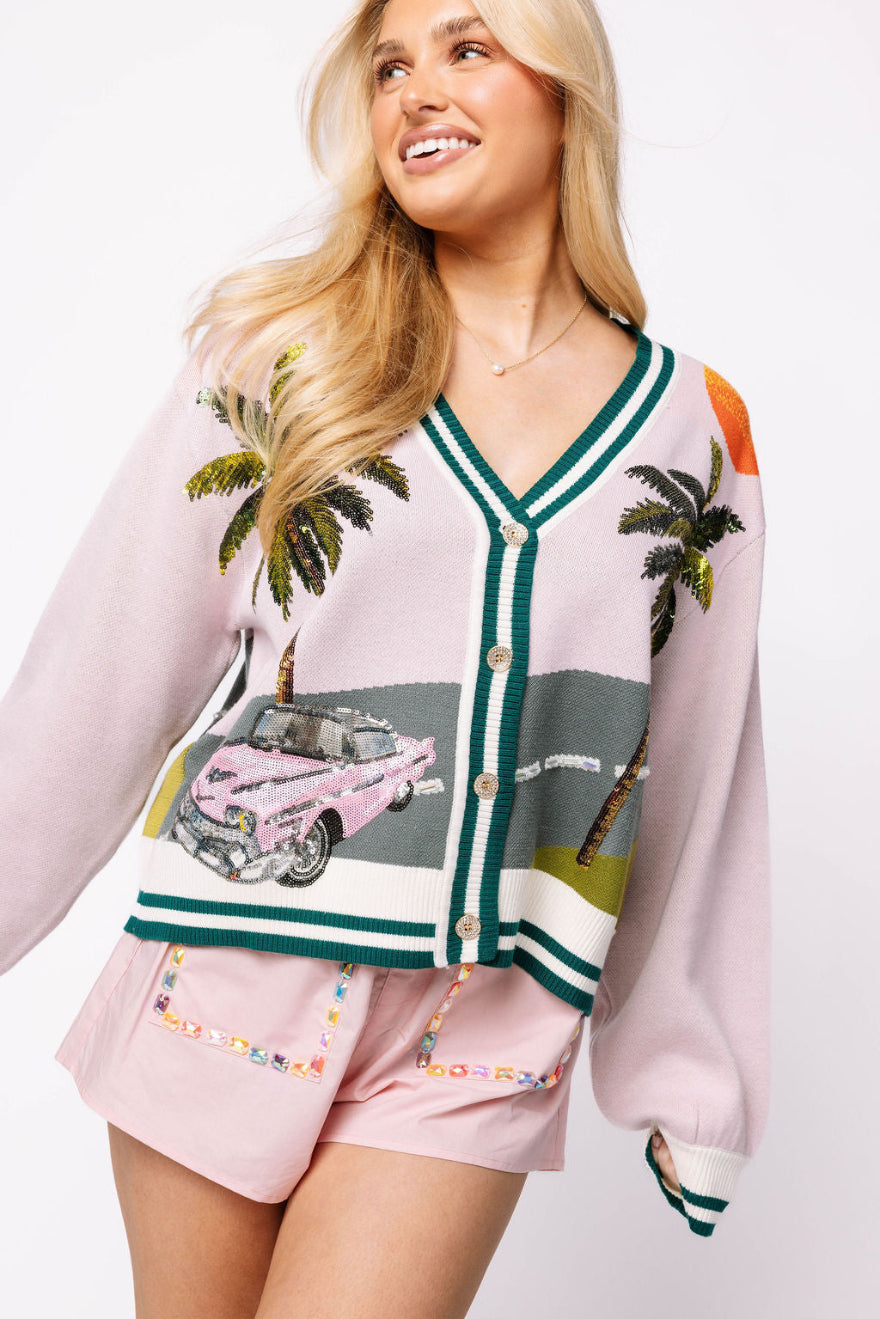 Vintage Car with Palm Tree Queen of Sparkles Cardigan Cabana by The Seaside Style 